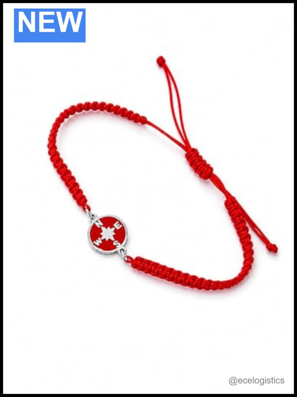 Sterling Silver Compass Charm Adjustable Woven Cord Bracelet